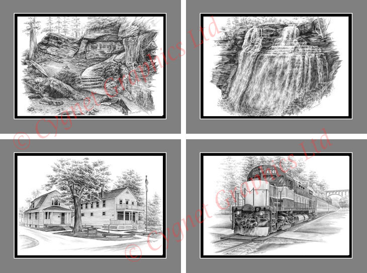 Pencil drawings of the Cuyahoga Valley National Park: CVNP Headquarters in Jaite, Brandywine Falls, Virginia-Kenall Ledges - Approach to Ice Box Cave and Locomotive 4241 from the Scenic Railroad at the Brecksville Station.